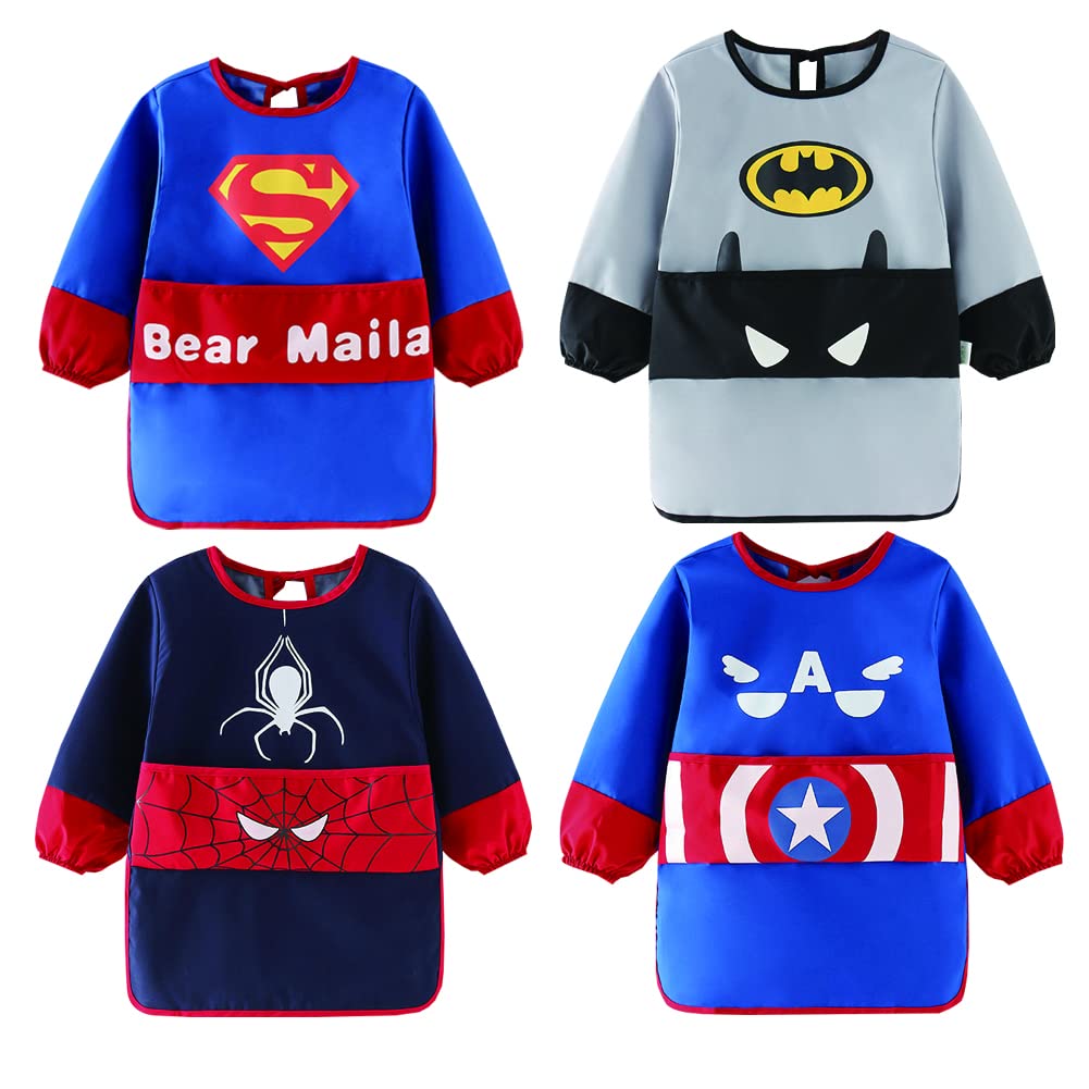 FORUSKY 4 Pack Baby Feeding Bibs Long Sleeve Bibs Toddler Waterproof Bibs Smock with Pockets Washable Kids Smock for Feeding
