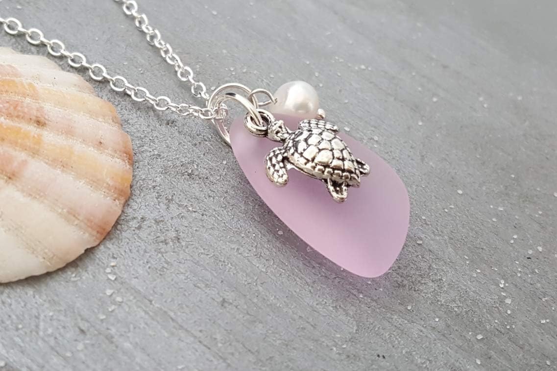 Handmade October Birthstone Color Pink sea glass necklace, turtle charm, Natural pearl, (Hawaii Gift Wrapped, Customizable Gift Message) (Non-personalized) (Personalized)