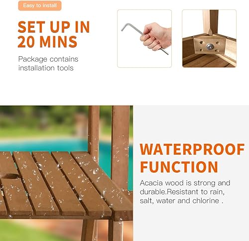 Miniatura 5 de FDW Banco de patio al aire libre, banco de jardín de madera, banco de madera de acacia con mesa para piscina, playa, patio, balcón, porche, terraza,