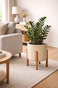 Vaso De Planta C/Pé De Madeira Decoração Moderno Jardim Casa (Palha)