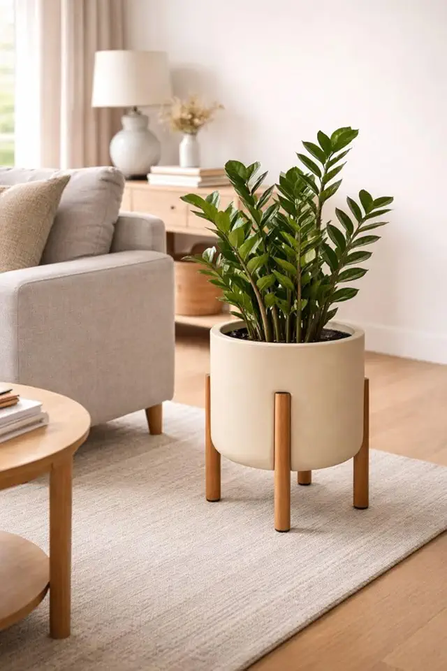 Vaso De Planta C/Pé De Madeira Decoração Moderno Jardim Casa (Palha)