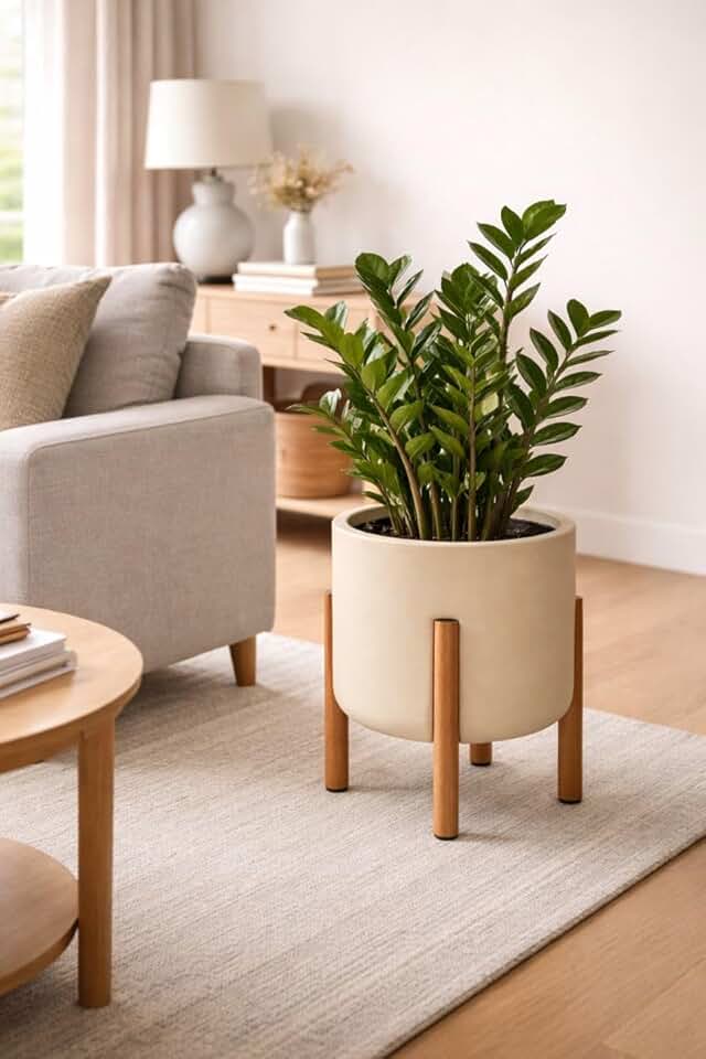 Vaso De Planta C/Pé De Madeira Decoração Moderno Jardim Casa (Palha)