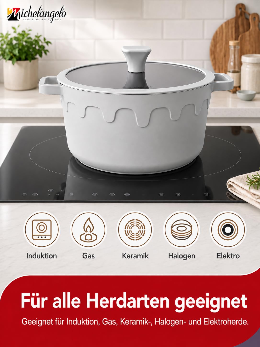 MICHELANGELO 8 L Suppentopf mit Glasdeckel, Titan-Keramik-Antihaft Kochtopf