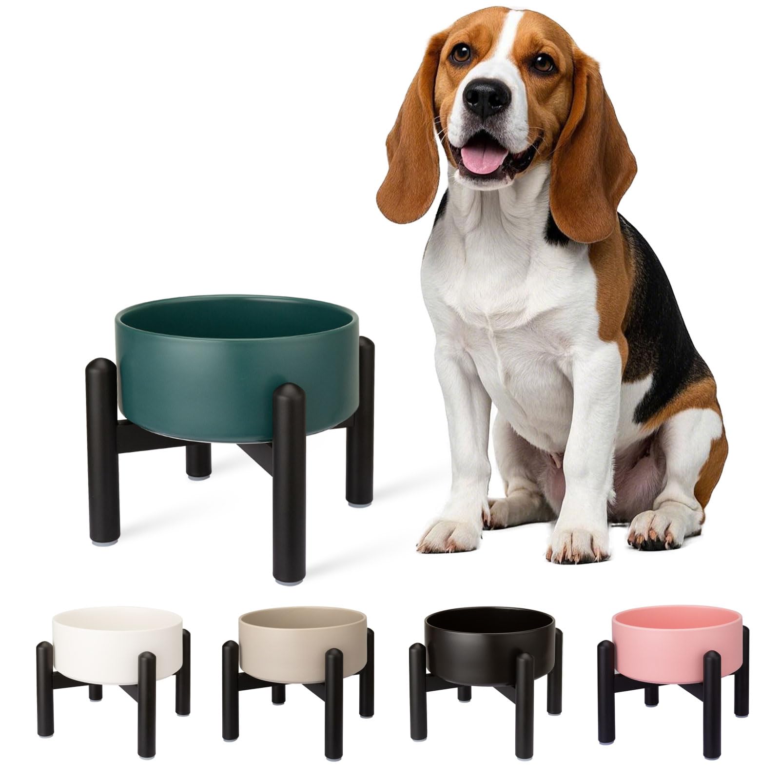 Raised Ceramic Dog Bowl - Elevated Food Water Dish with Stainless Steel Stand - for Small to Medium Dogs - 6 Inch - 2 Cups (28.75 fl oz) - Green