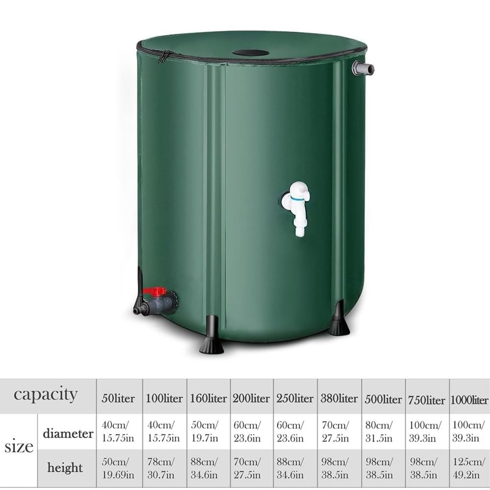 Barriles de Lluvia para jardín con Grifo y Tapa con Cremallera, Sistema de recolección de Agua de Lluvia Plegable de 50-250 L, Tanque de Almacenamiento de Agua portátil de PVC, para riego de Jard 50L