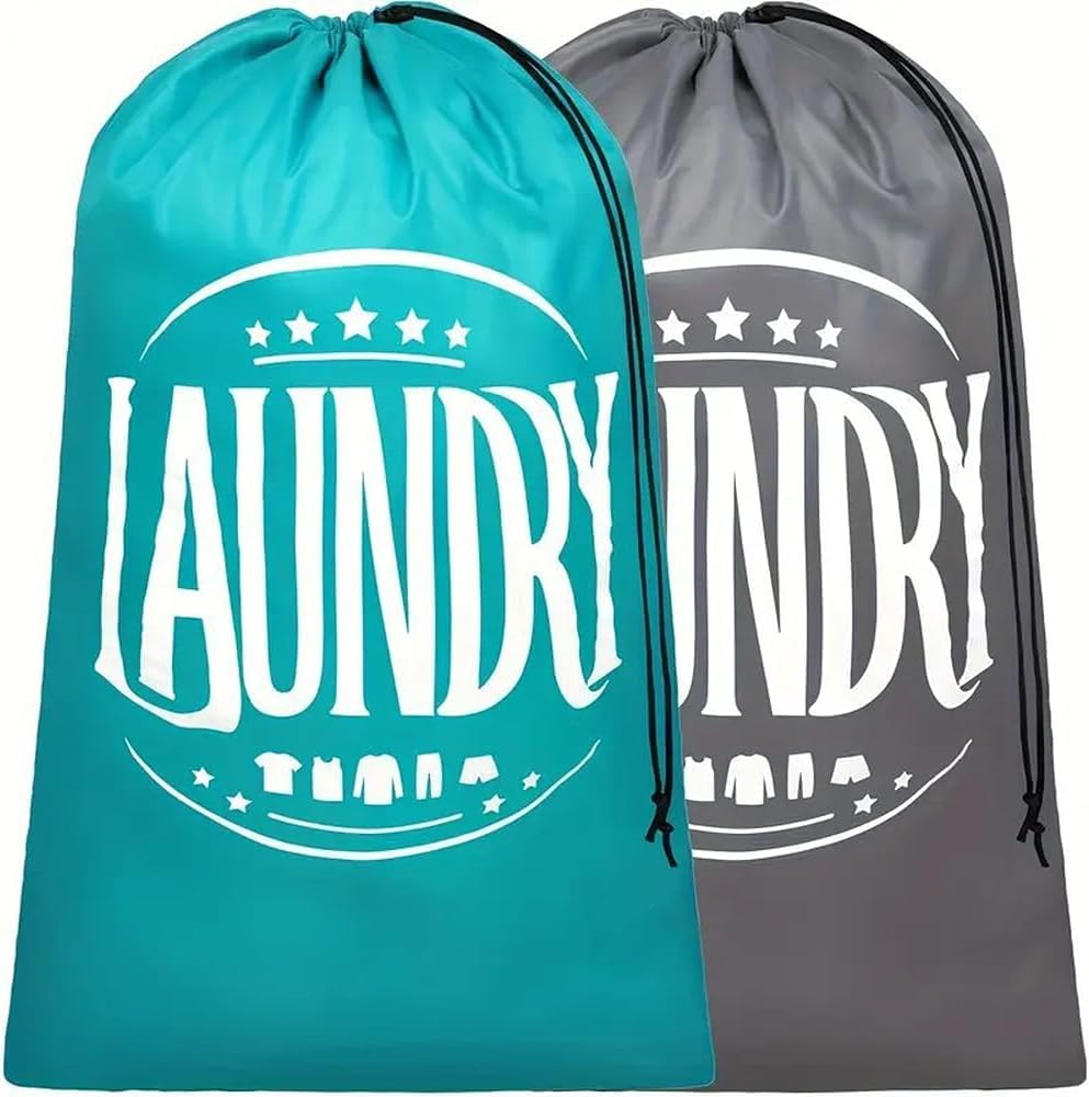 CJWLKJ 2-Pack XL Travel Laundry Bag, Machine Washable Dirty Clothes Organizer with Drawstring, Large Enough to Hold 4 Loads of Laundry, Easy Fit a Laundry Hamper or Basket 24" x 36"(Grey+Blue)