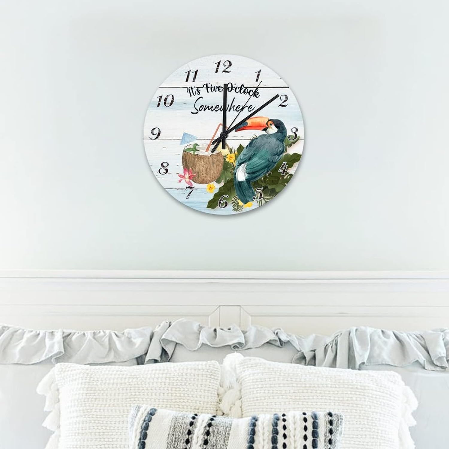 It's 5 O'Clock Somewhere Parrot Wall Clock 12 Inch Tiki Decor for Outside Patio Wooden Hanging Clock Battery Operated Round Clock for Home Office