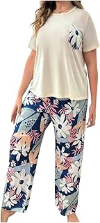 Women Summer Plus Size Pajama - Beige T-Shirt & Large Floral Wide Pants | Soft and Comfortable Sleep Set Wear Up to 85K