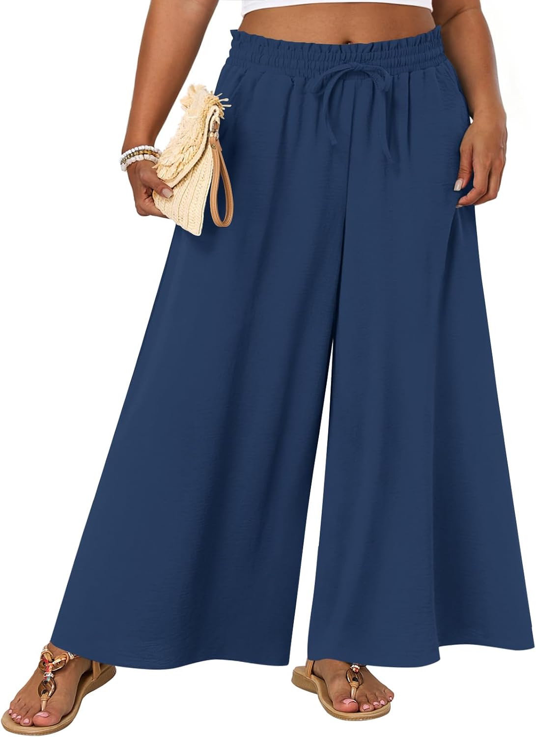 syoss Plus Size Wide Leg Pants for Women Summer Long Palazzo Pants Flowy Trousers with Pockets - Image 5