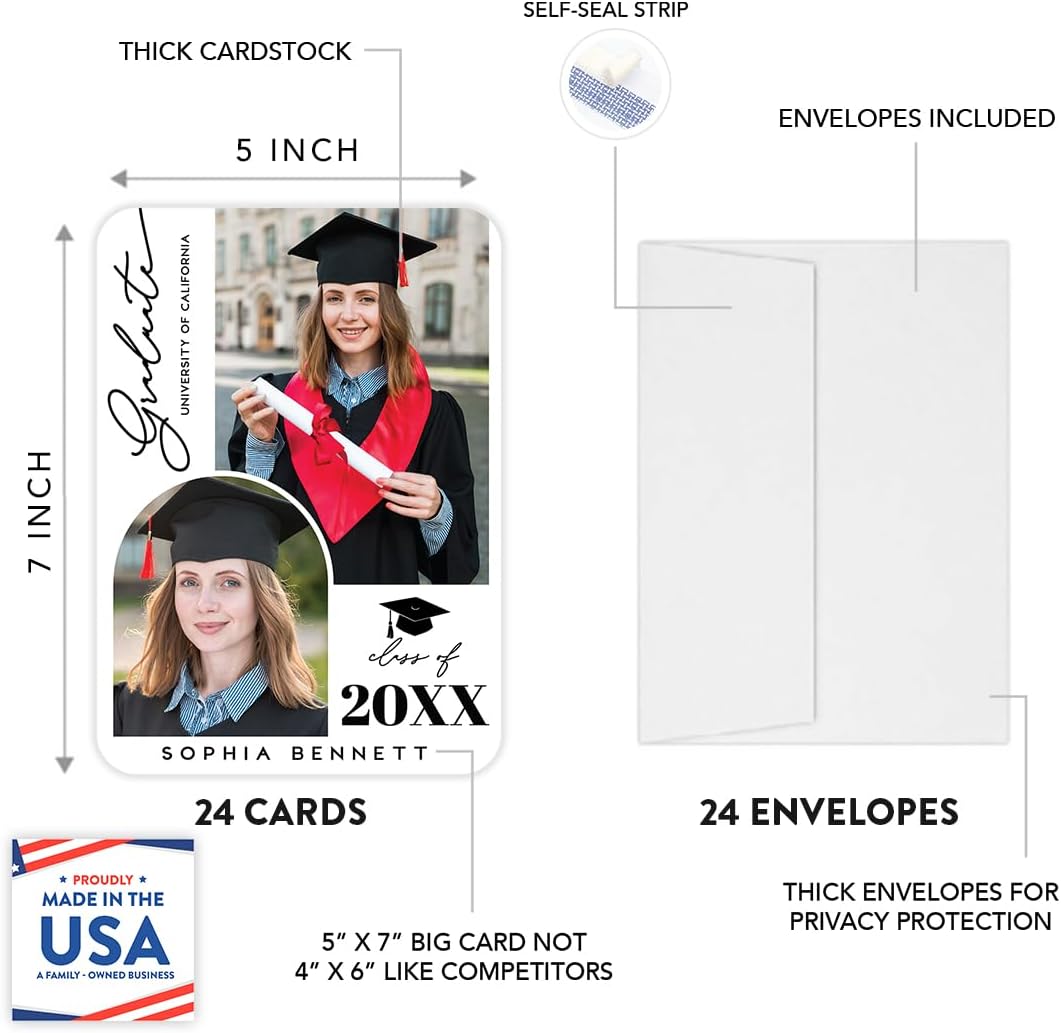 Andaz Press Personalized Graduation Invitations 2026 With Self Seal Envelopes, Graduation Announcements 2026, Custom 2 Photo Collage Party Invitations for High School College, 24 Pack, 7x5 Inches