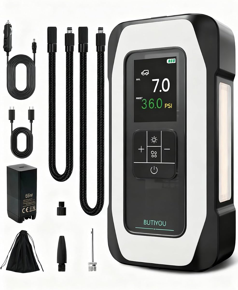 BY01 Tire Inflator Portable Air Compressor - 150PSI Dual Cylinder for Large Tires, 16000mAh Cordless & 12V Corded, 135W Motor 50LPM, Colorful Digital Screen, Auto Stop, 66W Fast Charging