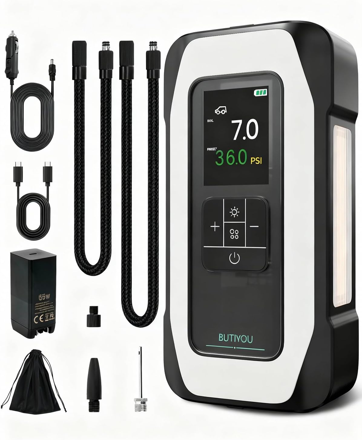 BY01 Tire Inflator Portable Air Compressor - 150PSI Dual Cylinder for Large Tires, 16000mAh Cordless & 12V Corded, 135W Motor 50LPM, Colorful Digital Screen, Auto Stop, 66W Fast Charging