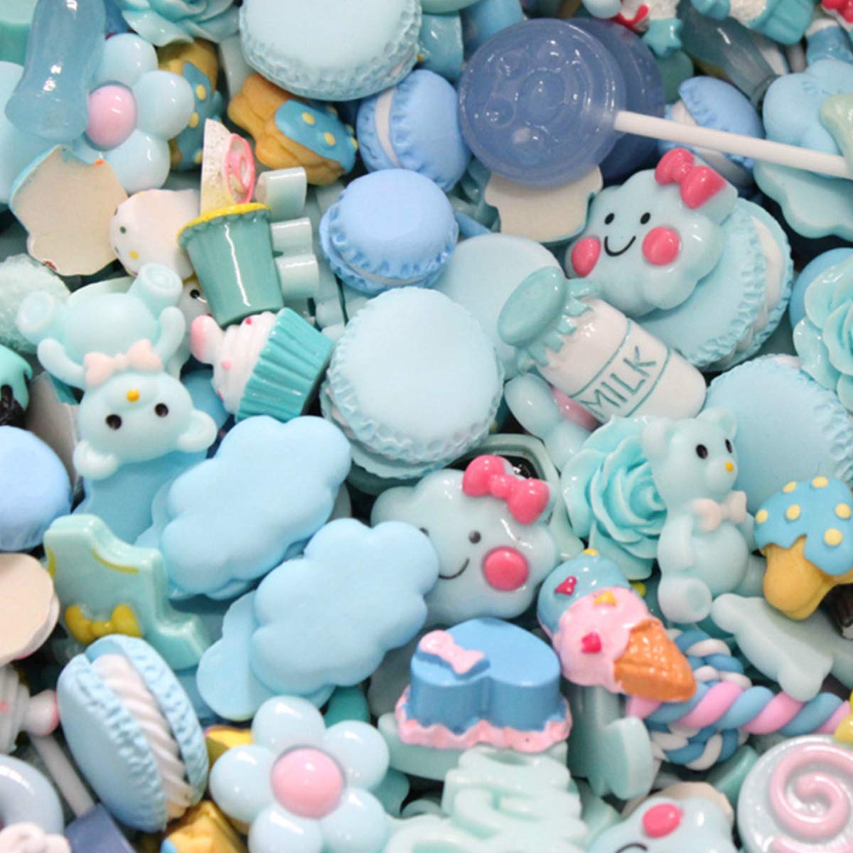 Halloluck AngelDOU 50 Pcs Slime Charms Easter DIY Craft Making Resin Jewery Making Kit, Resin Flatback Slime Beads Making Supplies for DIY Scrapbooking Crafts, Sky Blue Series