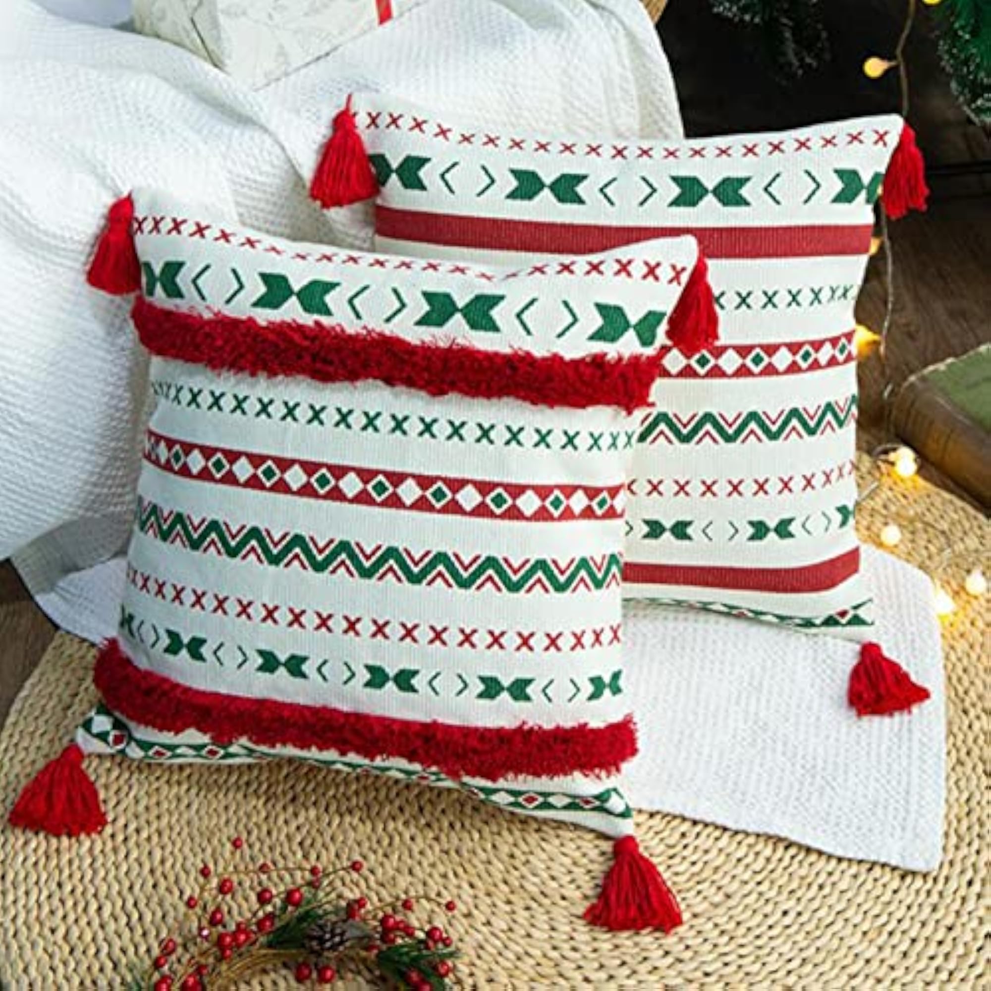 Handmade Green Tufted Throw Pillow Cover with Tassel
