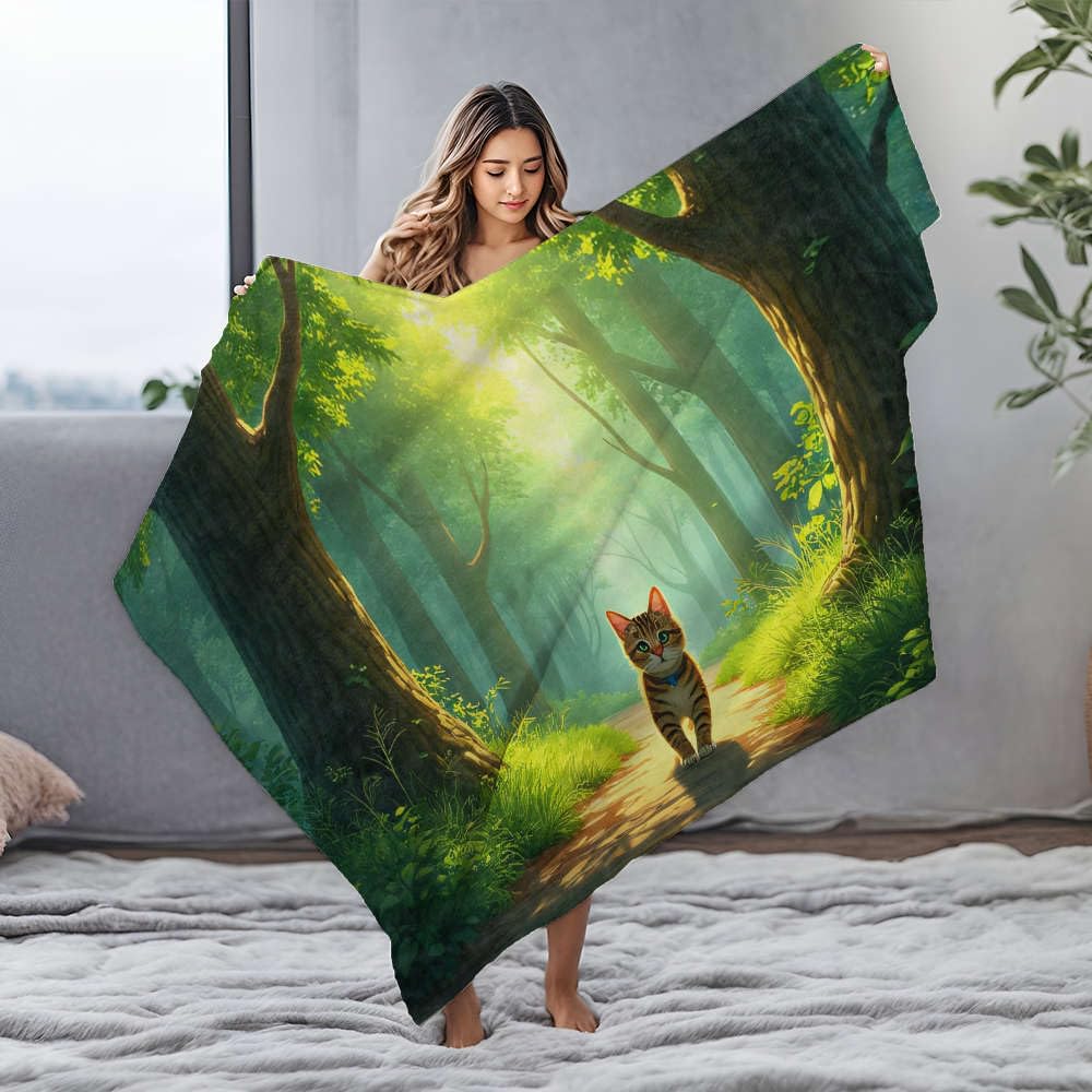 Couverture flanelle chat en forêt pour intérieur cosy