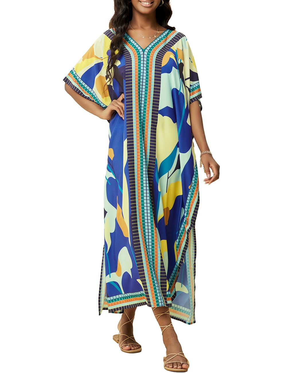 Bsubseach Mujer Casual Playa Kaftan Vestido Manga Corta Loungewear Caftan Traje de baño Cubrir