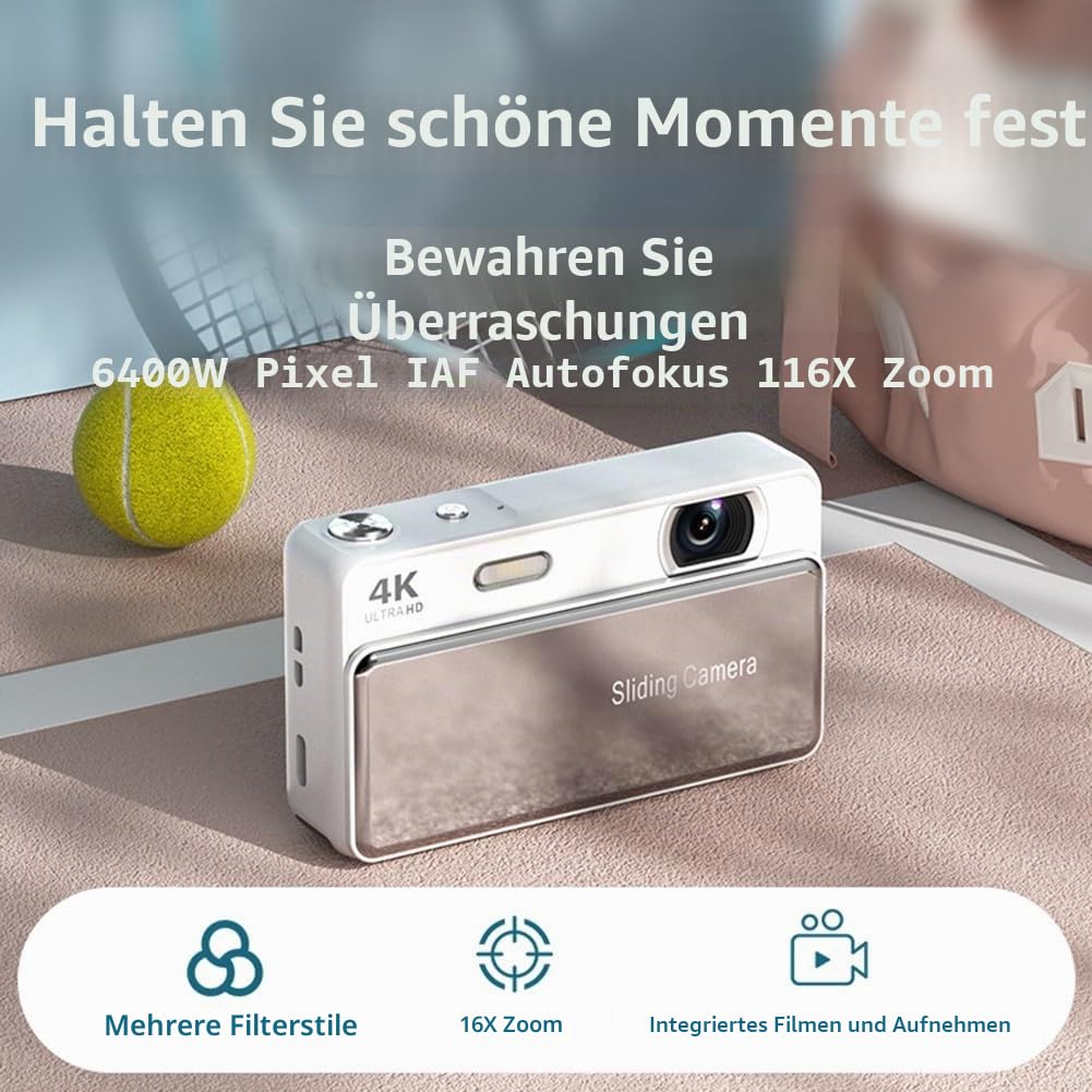 Tragbare Slider-Digitalkamera mit 64-MP-Bild, 16-fachem Digitalzoom, eingebautem Blitz, 4K-Video und elektronischer Bildstabilisierung für den Außenbereich (schwarz)