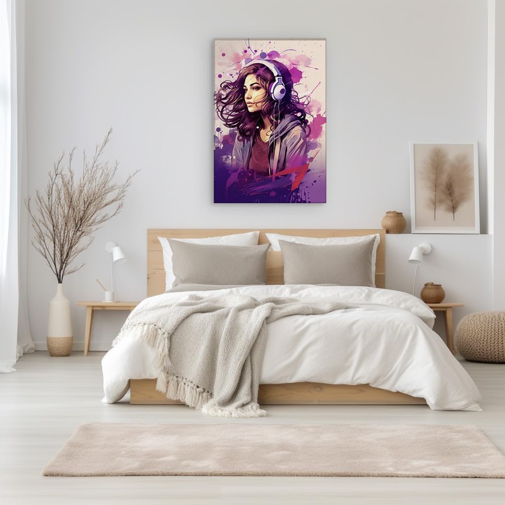 Canvas for Living room. Vibrant Beats of Color: A Girl in Motion with Melodies, 27 x 18 inch Canvas Wall Art - Ready to Hang