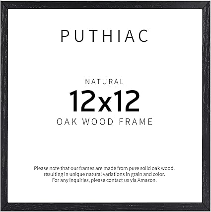 puthiac 12x12 Black Oak Wood Picture Frame - Minimalist 12x12 Poster Frame, 12"x12" Frame Wood, Natural Solid Wooden Picture Frames for Wall Art Photo and Prints (1 Pack, Black)
