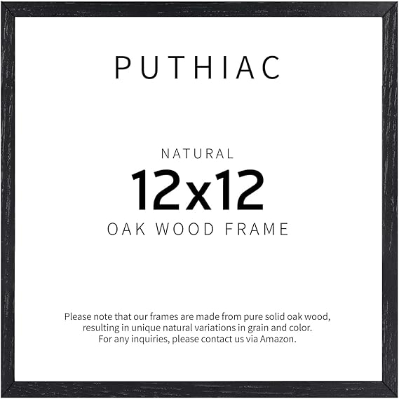 puthiac 12x12 Black Oak Wood Picture Frame - Minimalist 12x12 Poster Frame, 12"x12" Frame Wood, Natural Solid Wooden Picture Frames for Wall Art Photo and Prints (1 Pack, Black)