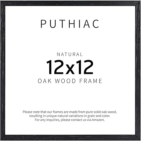 puthiac 12x12 Black Oak Wood Picture Frame - Minimalist 12x12 Poster Frame, 12"x12" Frame Wood, Natural Solid Wooden Picture Frames for Wall Art Photo and Prints (1 Pack, Black)
