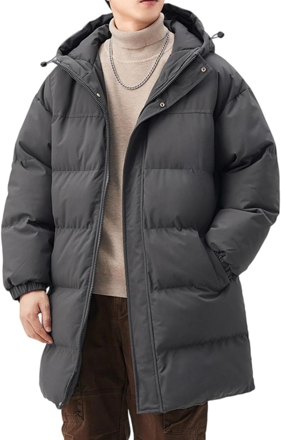 Winter Hooded Puffer Coats for Men Women Mid Length Warm Windproof Padded Parka Jacket Unisex