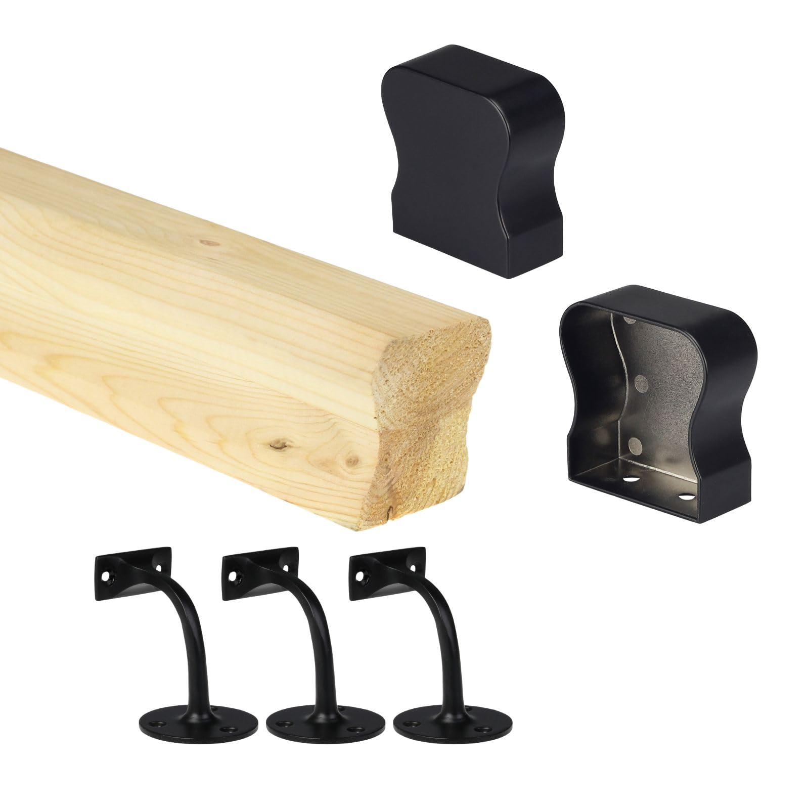 Pine HR Wall Mounted Handrail Kit – Unfinished Pine Handrail with End Caps & Wall Brackets – 58mm x 58mm – 2400mm / 3600mm / 4200mm (Black, 2400mm)
