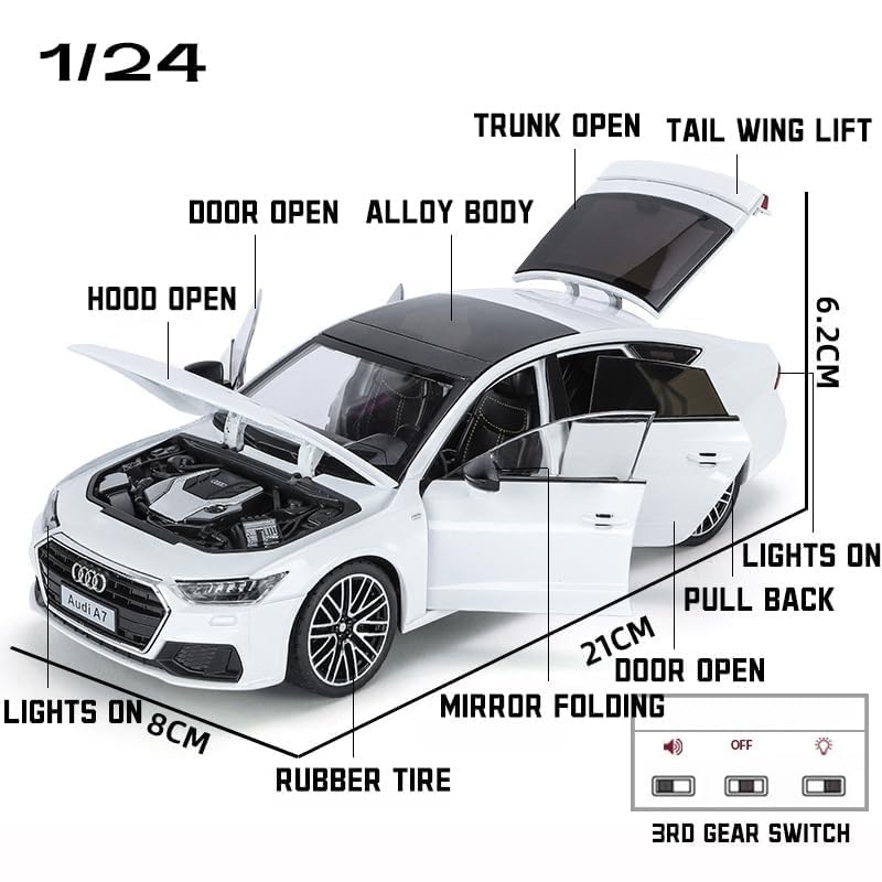 Image of 1:24 Scale Big Audi A7 Toy Car | Metal Pullback Diecast Car for Kids with Openable Doors, Sound, Light Effects Toy for Car Enthusiasts (Color As Per Available),white