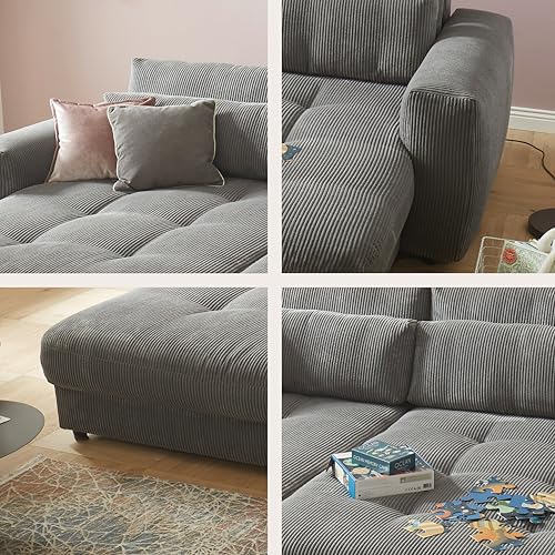 Big Sofa BARURA Cord dunkelgrau – XXL Couch mit großer Liegefläche, modernes Sofa 292x194 cm inklusive Nierenkissen