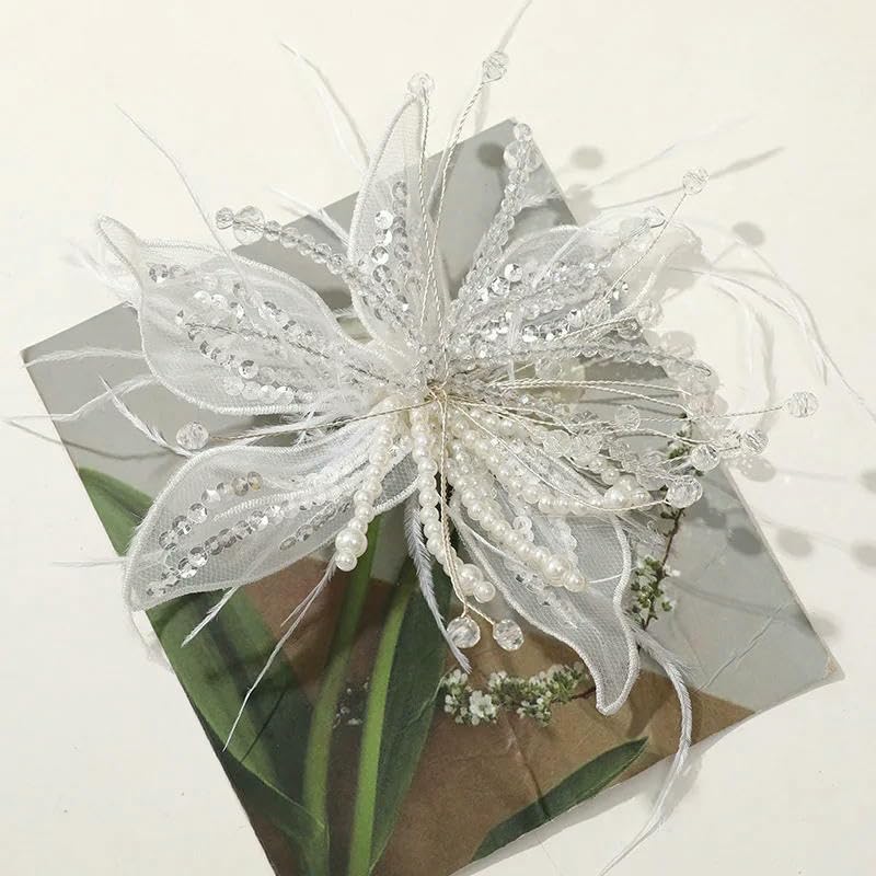 13 cm Chiffon c Fiori fatti a mano con piuma Fai da te Artigianato f Fermaglio per capelli in stoffa Compleanno matrimonio-Bianco-5 pezzi