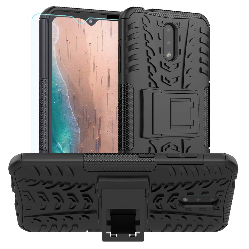 PUSHIMEI Nokia 2.3 case,with HD Screen Protector, Heavy Duty Shockproof with Kickstand Hard PC Back Cover Soft TPU Dual Layer Protection Phone Stand Case Cover Nokia 2.3(Black Kickstand case)