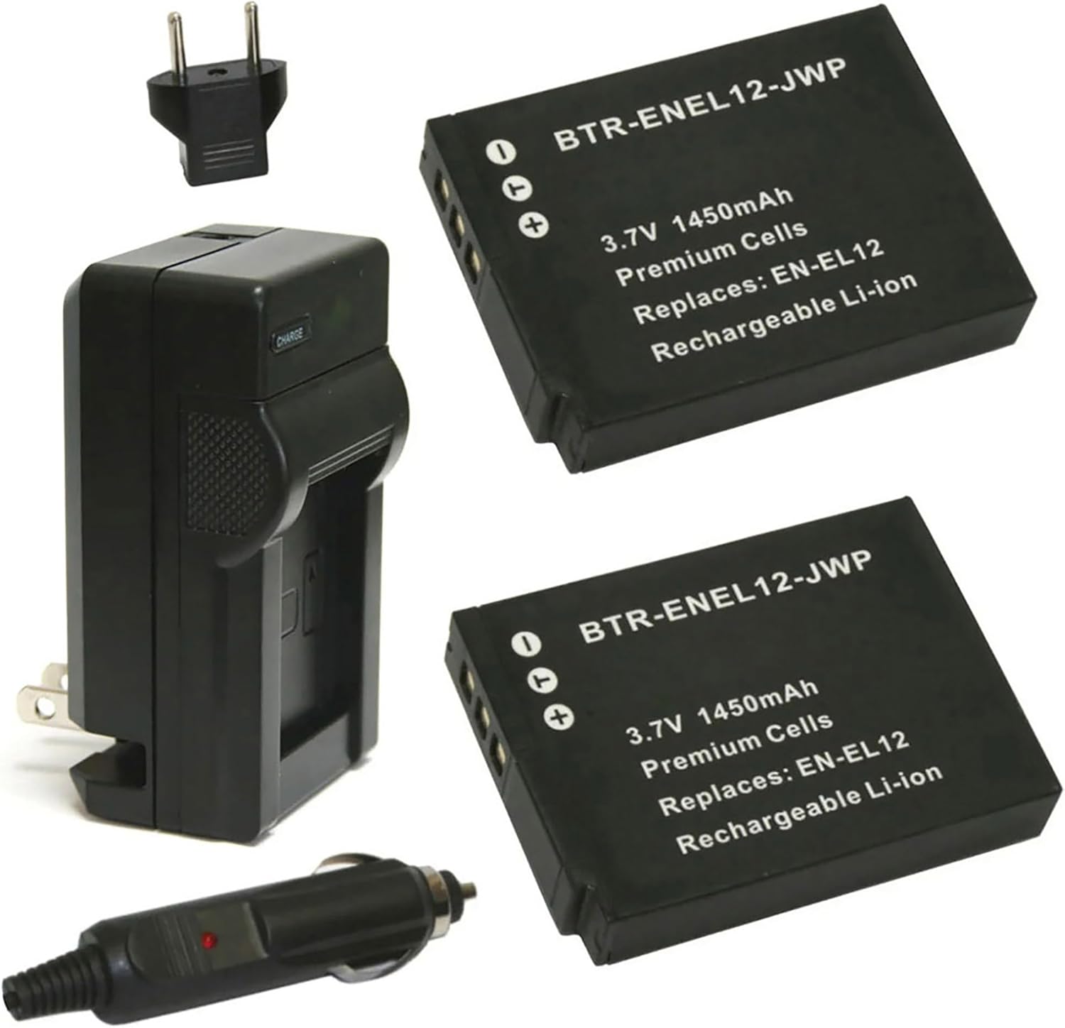 Replacement Battery for Nikon EN-EL12 (2-Pack, 1450mAh) and Charger