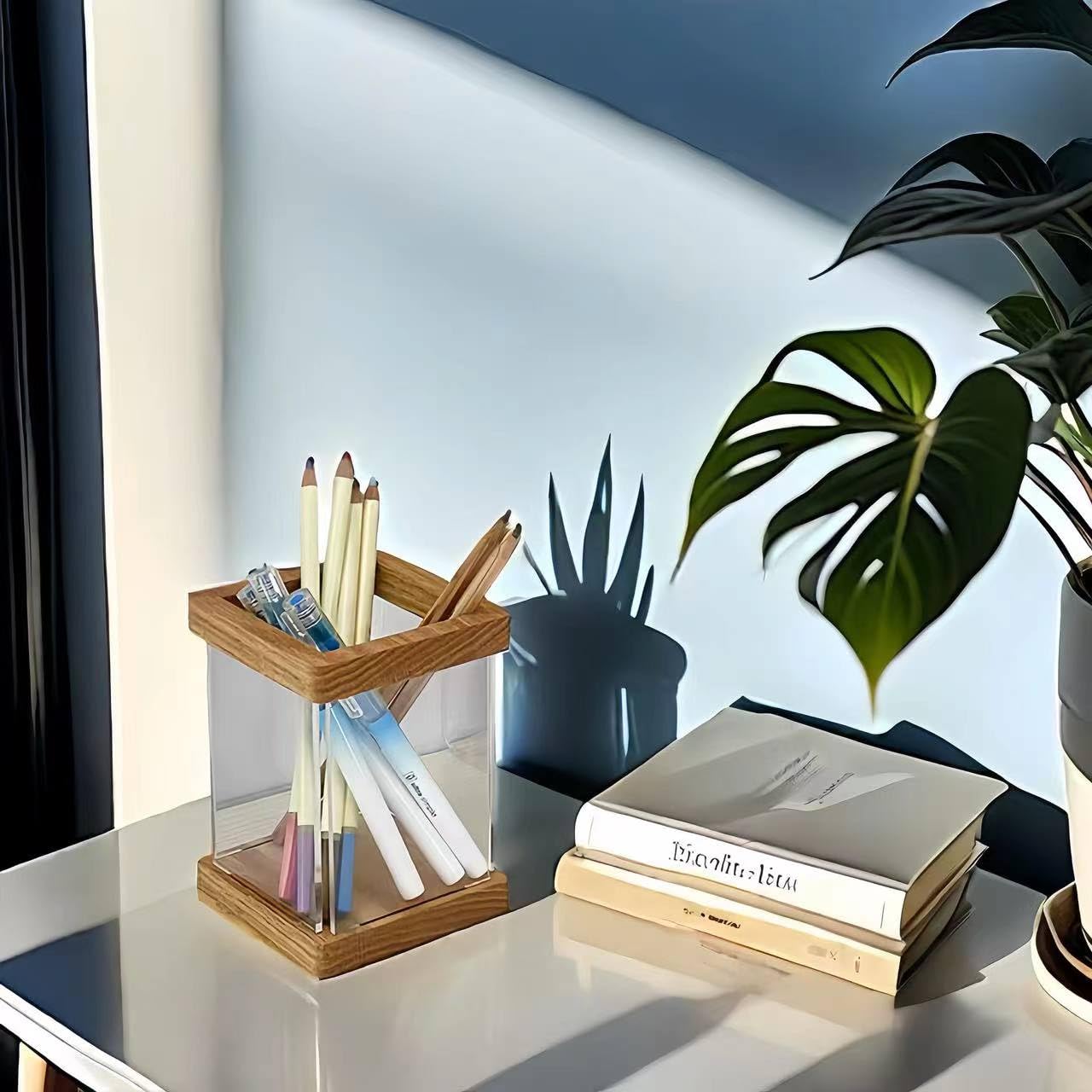 Portalápices estético Transparente para Escritorio, Organizador de Pinceles de Maquillaje de Madera acrílica, Suministros de Oficina, decoración de cubículos
