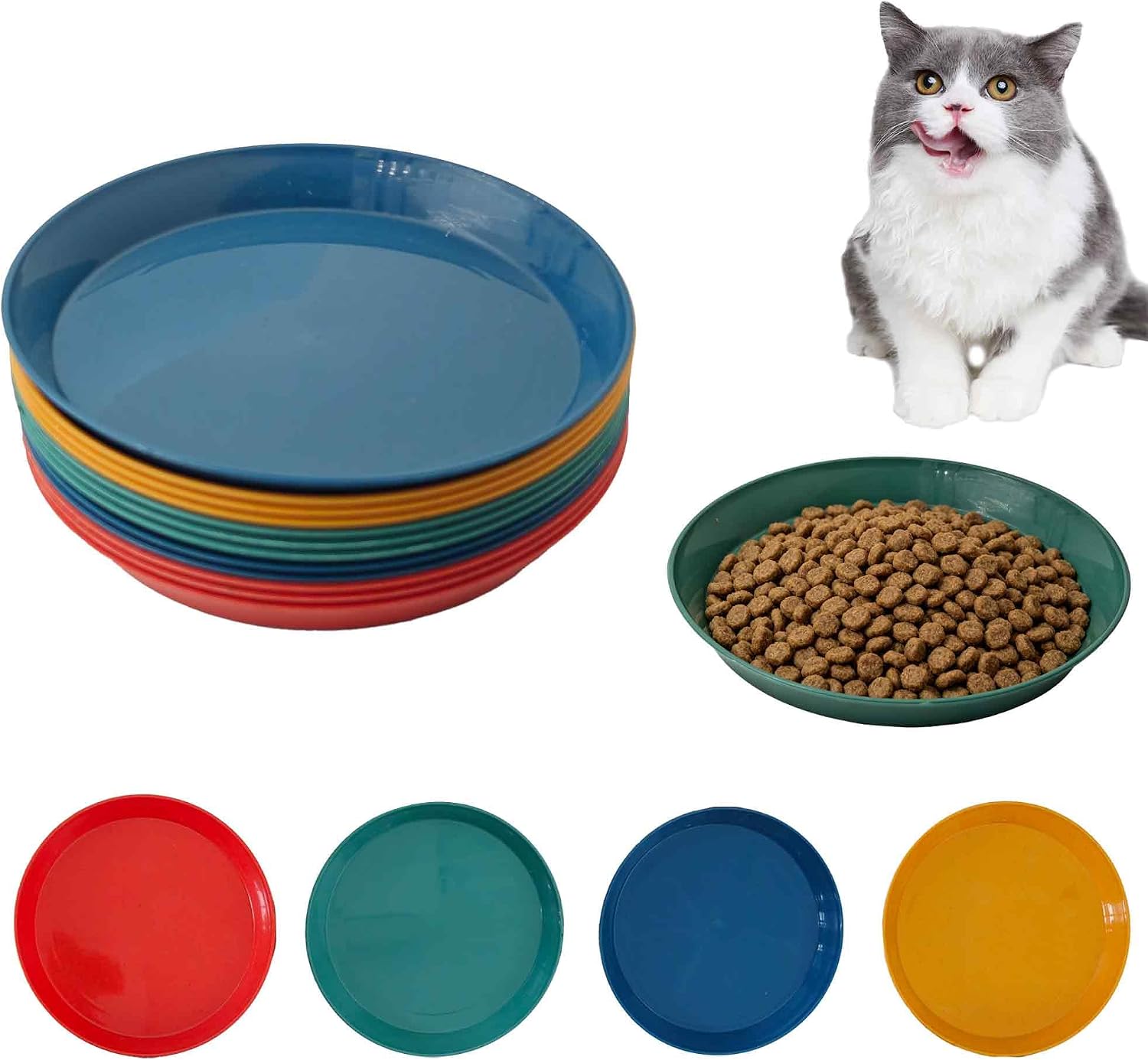 12Pcs Cat Bowls, Shallow Wide Cat Food Dish, Whisker Friendly Wheat Straw Pet Plates, Flat Feeding Bowls for Indoor Outdoor Cats, 5.9 Inch, Yellow Orange Blue Green
