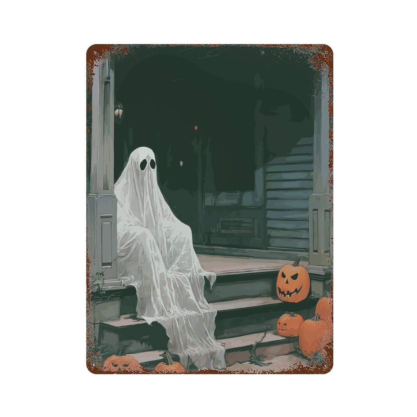 Garage Style Ghost And Pumpkins on Porch Vintage Metal Tin Sign 15.7"x11.8", Retro Wall Decor for Bar And Workshop