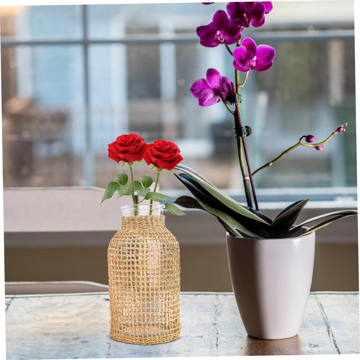 DOITOOL Glass Flower Vase with Woven Rattan Cover 8.07X3.93X3.93In Decorative Dried Flower Vase for Home D Cor Farmhouse Style Floral Container for Table Centerpiece and Desktop Display
