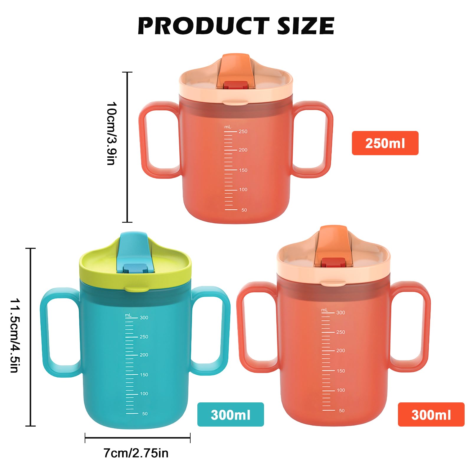 BAIFULAI 3 tazze con becco per anziani, 300 ml + 250 ml, a prova di perdite, con doppio manico e cannuccia, indicatore di capacità, per anziani e donne incinte