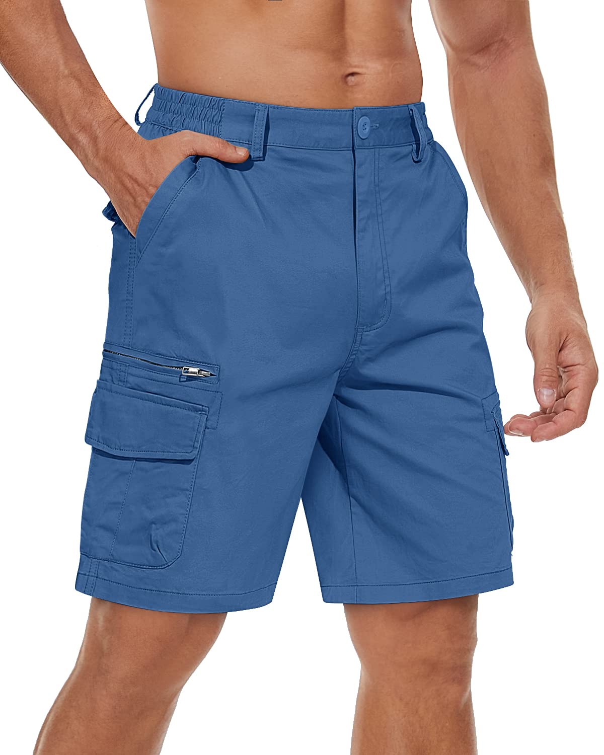 TACVASEN Men's Cargo Short 7 Pockets Comfortable Cotton Elastic Waist Causal Work Shorts