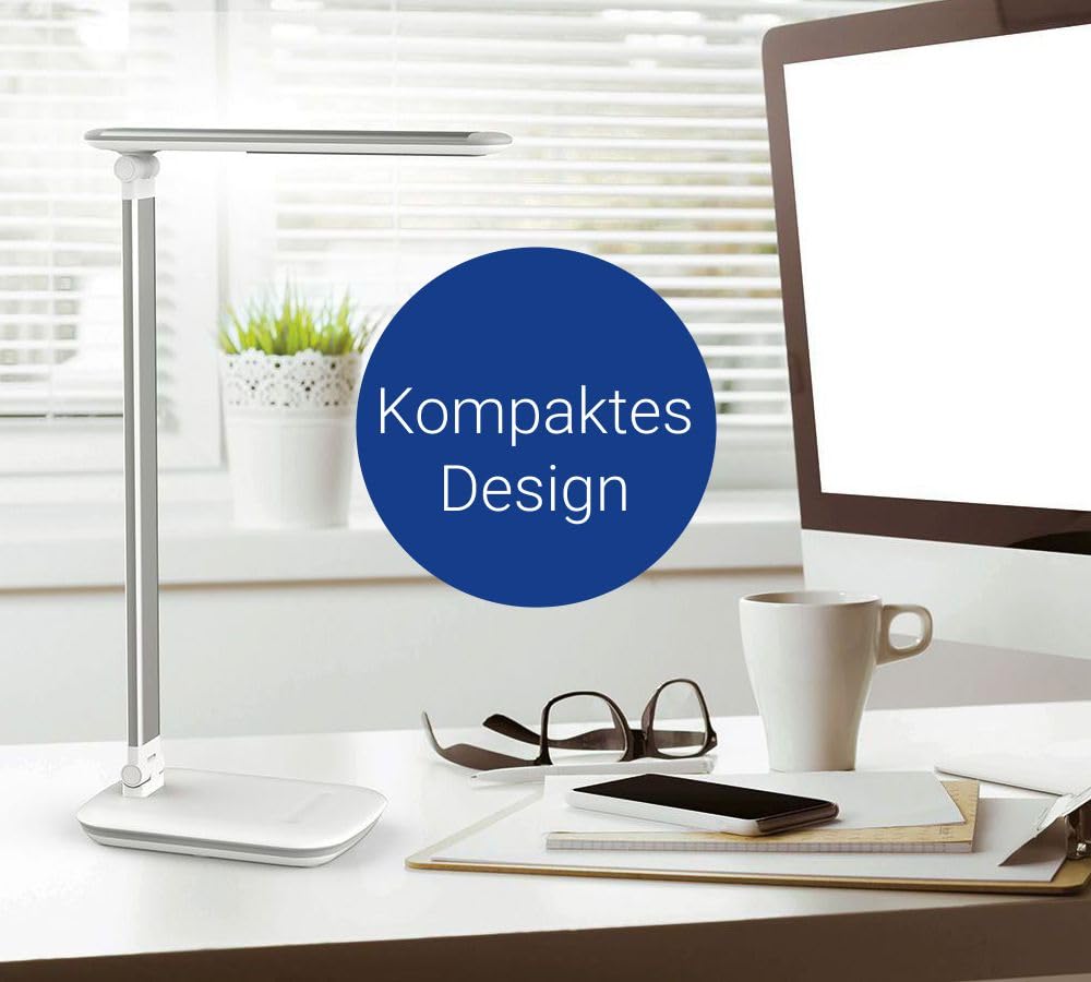 MAUL LED Schreibtischlampe MAULjazzy weiß dimmbar mit USB Touchfeld | flexibel ausrichtbar, neutralweißes Arbeitslicht, 5 Helligkeitsstufen, praktische Ladefunktion, stabiler Standfuß