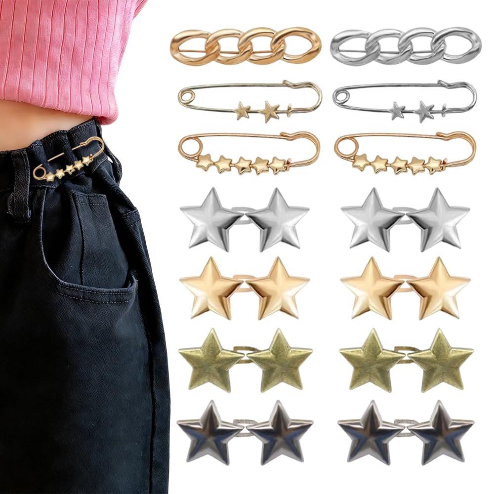 OWATRKDEY Pant Waist Tightener Set, 14 Pieces Metal Star Waist Cincher Clip for Loose Jeans and Skirts, Reusable No Sewing Waist Tightener