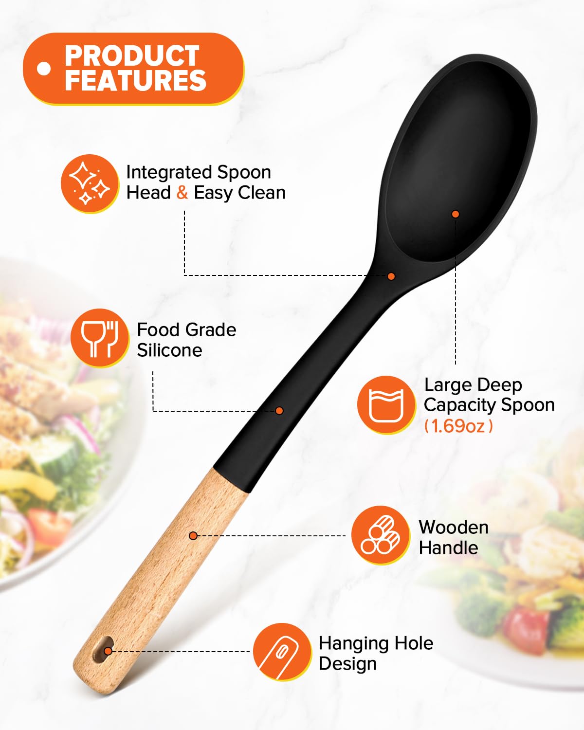 Cucharas de cocina de silicona, ideales para recoger lados y servir guisos abundantes, silicona mate sin BPA, cuchara de servir con mango de madera para superficies de cocción antiadherentes (negro)
