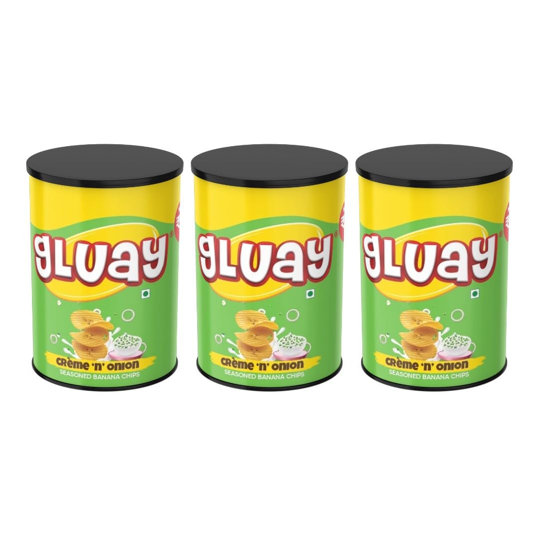 GLUAY Crispy Chips Pack of 3 | Creme ’n Onion Crispy Snack | Crunchy Snack for Movies, Games & More | On-the-Go Can | Pack of 3 x 45g