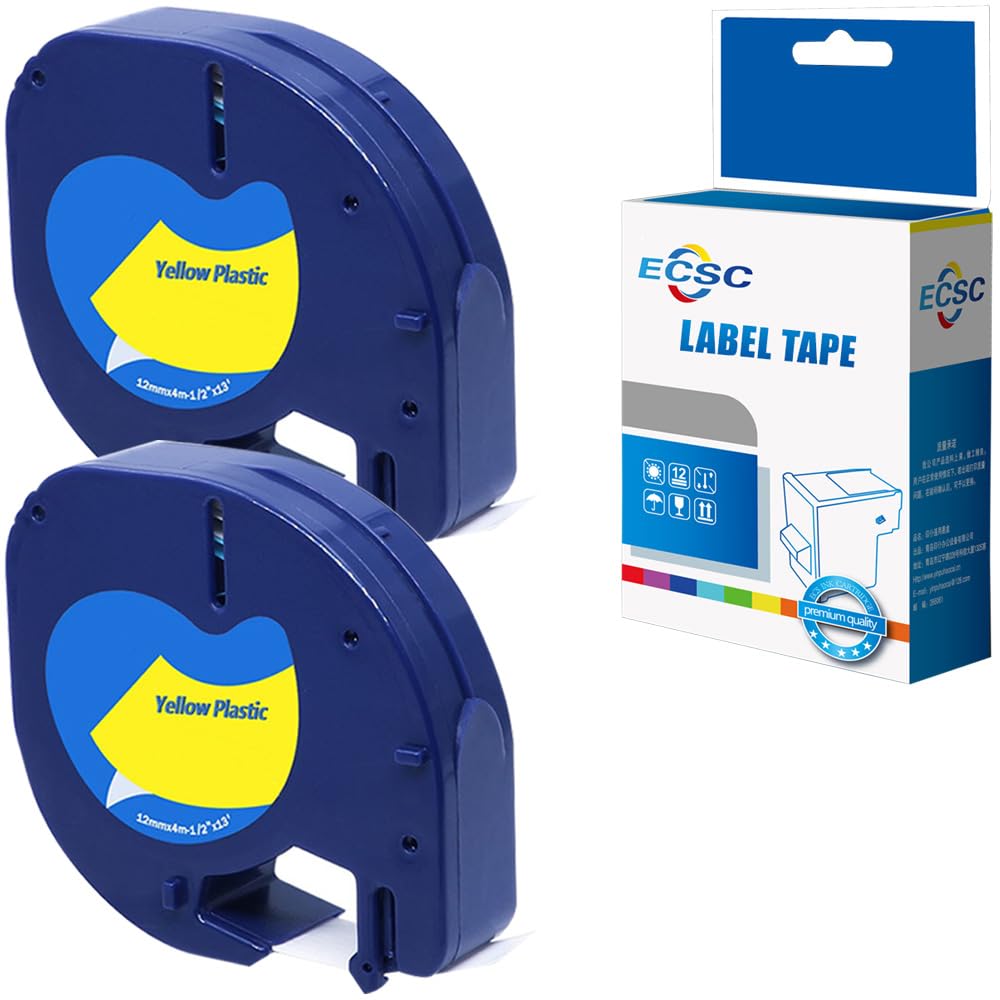 ECSC Compatible Label Tape Replacement for Dymo LetraTag LT-100H Dymo LetraTag LT-100T Label Tape S0721620 (Black on Yellow, 2-Pack)