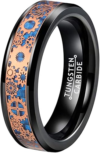 Anillo de tungsteno de 6 mm y 8 mm color negro, plateado, rojo y azul para hombres y mujeres, anillos de matrimonio estilo Steampunk con engranes,