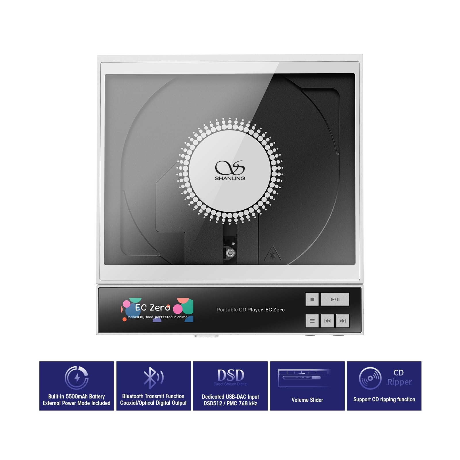 SHANLING EC Zero tragbarer CD-Player, unterstützt AK4493S DAC, 768 kHz/32 Bit & DSD512, Hi-Res HiFi EC Zero AKM CD-Player mit CD-Rippung, 4,4 mm/3,5 mm/Koaxial/Line-Ausgang, 5500 mAh Akku, 836 mW @ 32