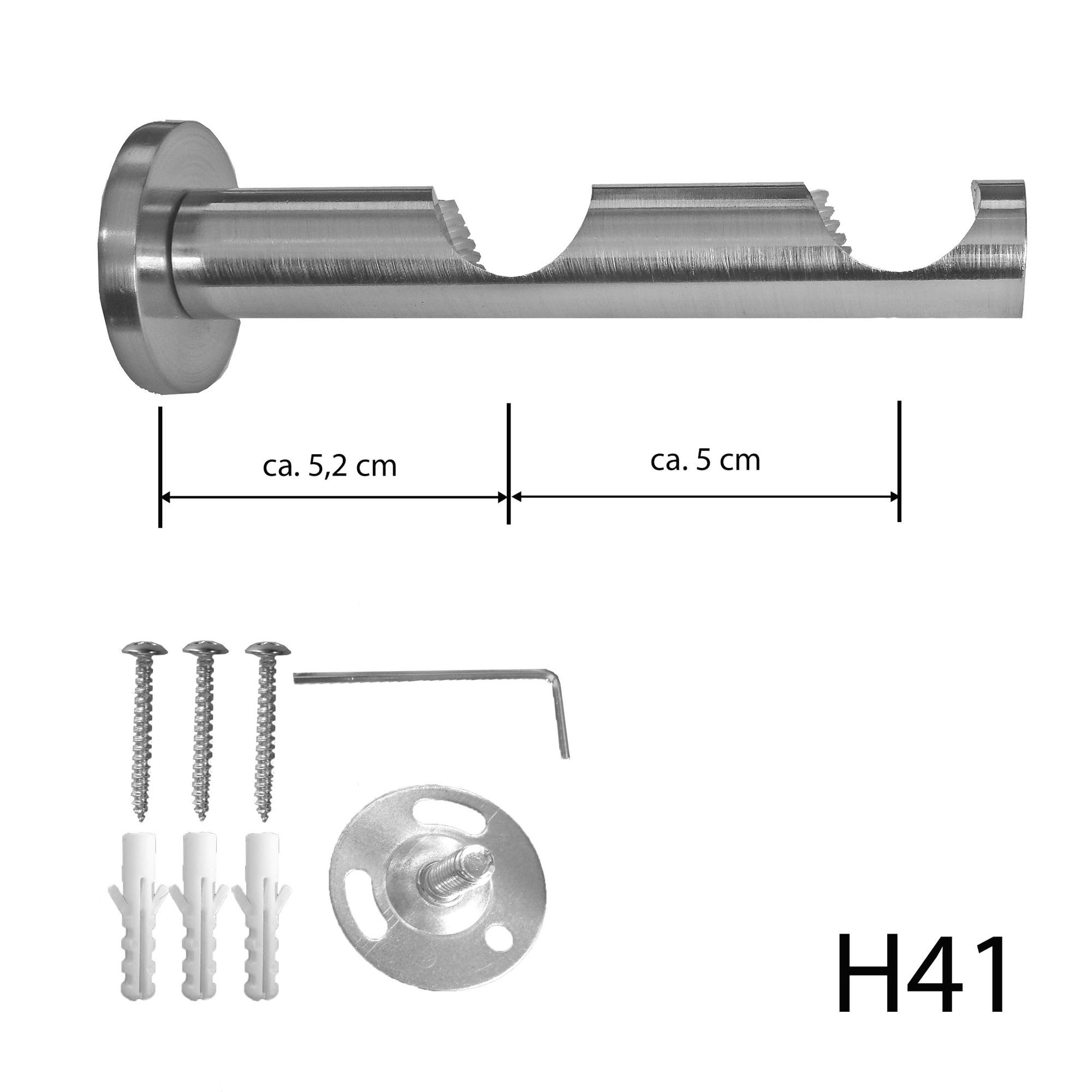 BASIT Gardinenstange Edelstahllook 20mm 2-läufig Wand 200cm lang H41 | Gardinenstangenset doppelläufig Wandmontage Metall Vorhangstange Wandhalterung 120-600cm wählbar Kappe Zylinder E34