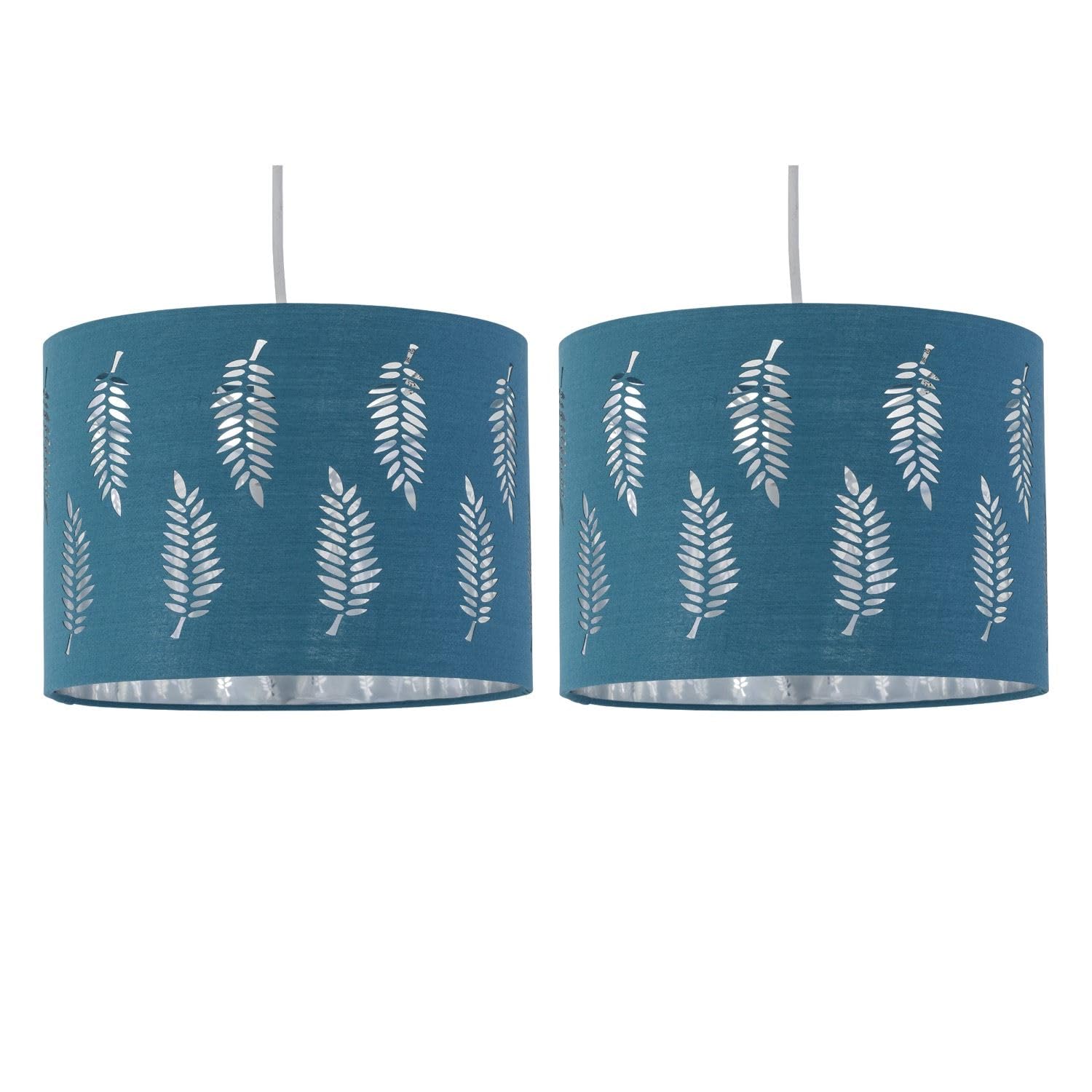 Set of 2 Teal Pendant Shades, Easy Fit Ceiling Lightshades, Fern Leaf Cut Out Design, Diameter 30cm