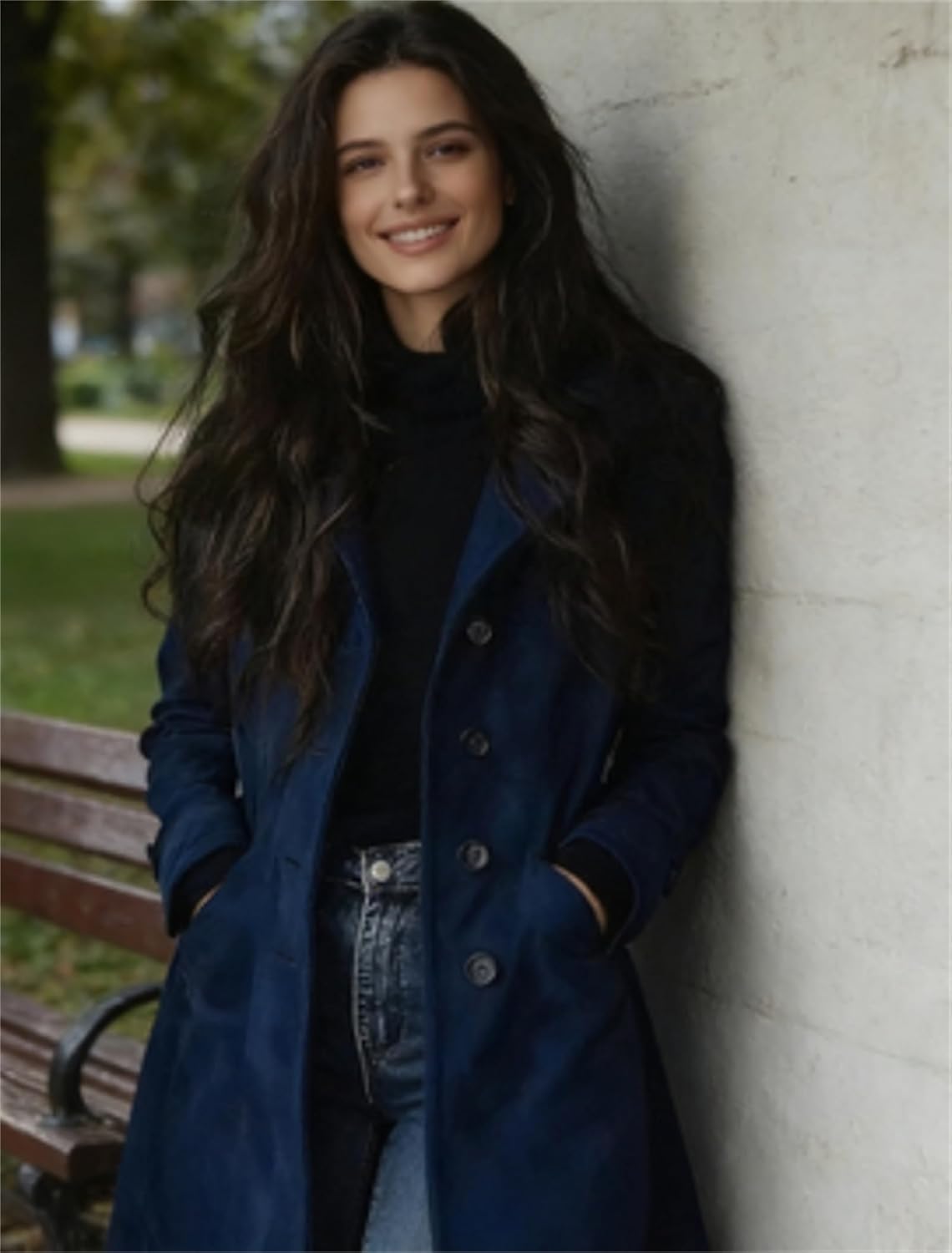 Womens Faux Suede Jacket Lapel Single Breasted Long Trench Coat Fall Winter Mid Long Jacket Overcoat