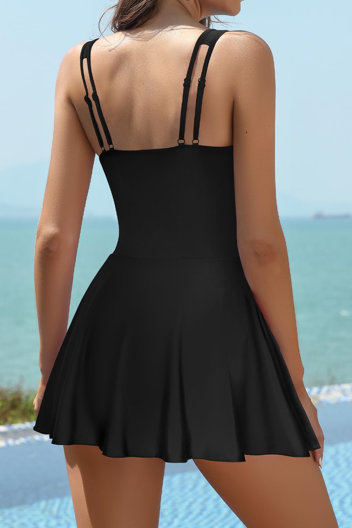 SHEKINI Maillot de Bain Une Pièce Femme avec Jupette Maillot de Bain 1 Pièce Maillot de Bain Femme(M, Noir-1)