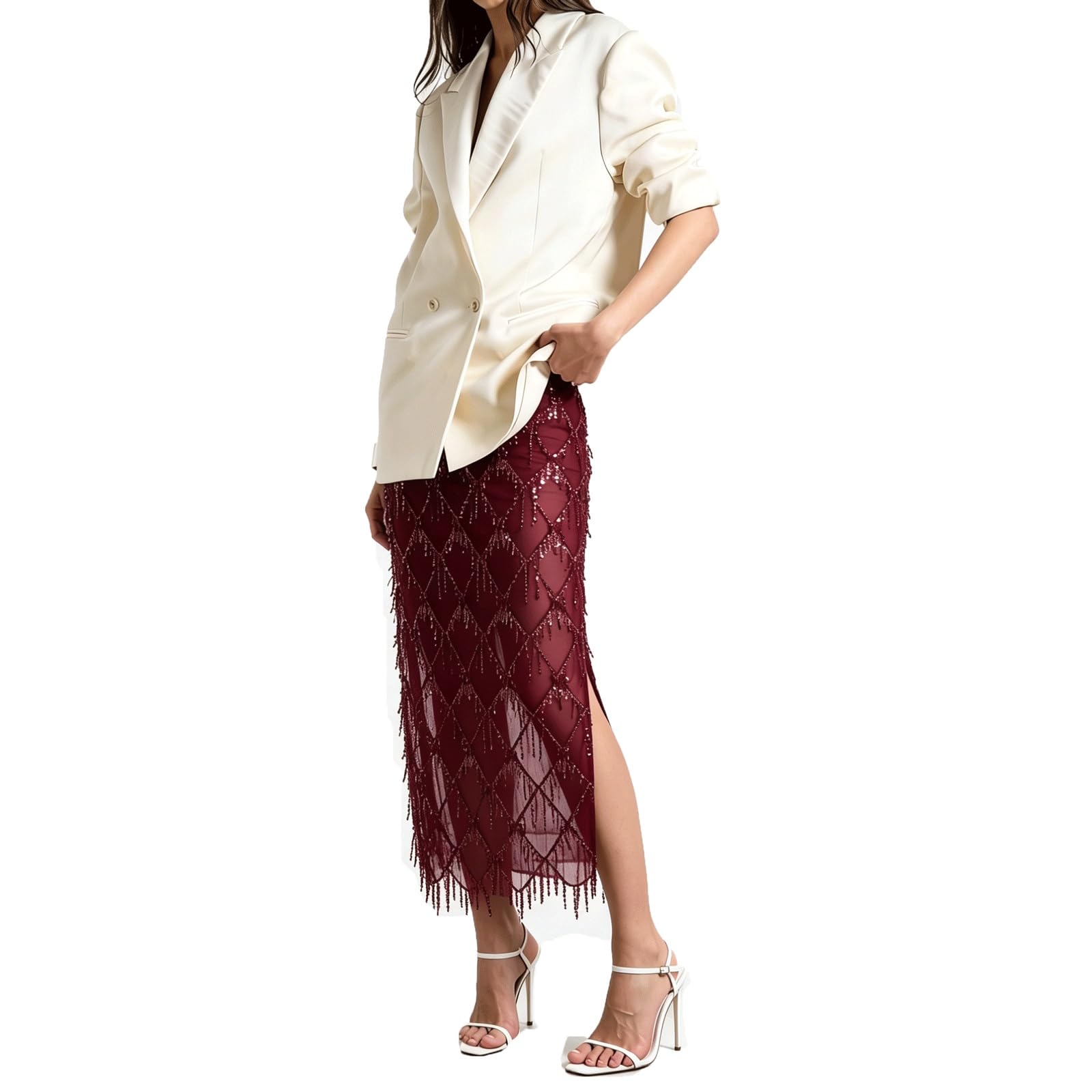 DUddTTW Bodycon Women's Maxi Skirts Sequined Slit High Waisted Long Skirt Sexy(Lila,Lagre)